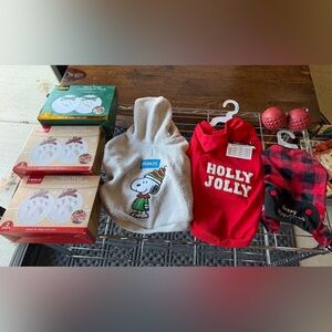 Dog Holiday Bundle - 3 ornament packs, 3 outfits XS-M, 2 heavy duty bark ball’s